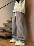 FOESCE 2025 New Men's Striped Woolen Straight Leg Trousers Classic Y2K Vintage Baggy Pants Casual High Street Fashion Gym Sweatpants