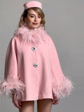 FOESCE Elegant Feather Collar Cape Coats For Women Casual Solid Single Breasted Jackets Lady Autumn Chic Loose High Street Outwear Tops