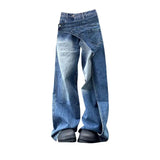 FOESCE street plus washed diagonal splicing staggered design jeans for women, loose straight leg, hanging floor length pants trendy