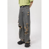 FOESCE STUDIOS 2025 Summer New Korean Edition Personalized Straight Barrel Broken Hole Beggar Casual Jeans men's for Men streetwear