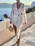 FOESCE Long Sleeve Fashion Patchwork Mini Dress, Spring Summer Women V Neck Chic Party Dress, 2025 New Beach Style Lace-Up Ladies Dress