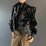 FOESCE Mens Y2k Glossy Shoulder Pad Jacket 2025 New Genderless Fashion Personality Metal Functional Style Solid Color Jacket Unisex