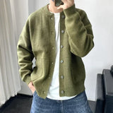 FOESCE Man Clothes Round Collar Plain Knitted Sweaters for Men Crewneck Solid Color Cardigan Green Black Japanese Harajuku Fashion Neck
