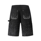 FOESCE Streetwear Full Rhinestone Print Baggy Jeans Shorts for Men Ripped Hole Washed Short Casual Loose Denim Five Point Pants