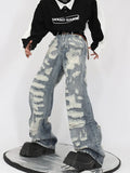 Hip Hop Ripped Jeans Men High Street Male Distressed Denim Wide Leg Pants Casual Trousers Vintage Streetwear Loose