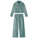 FOESCE American High Street Long-Sleeved Trousers Denim Suit For Men 2025 Autumn New Retro Distressed Solid Casual Loose Two-Piece Set