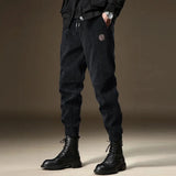 FOESCE Mens Corduroy Plus Velvet Textured Sports Casual Pants Autumn Winter Genderless Trendy Ribbed Cuff Workwear Style Pants Unisex