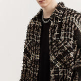 FOESCE Mens Autumn Gold Thread Tweed Braided French Coat Genderless Tassel  Retro Casual Loose Fashion Trend Jacket Unisex