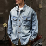 Fashion Solid Turn Down Collar Denim Jackets 2024 Men's All Match Long Sleeve Jeans Outwear Winter Male Stitching Pocket Coats