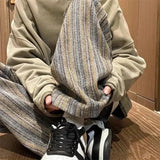 FOESCE 2025 New Men's Striped Woolen Straight Leg Trousers Classic Y2K Vintage Baggy Pants Casual High Street Fashion Gym Sweatpants