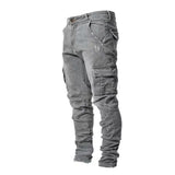 FOESCE Men Street Elastic Denim Jeans Wash Solid Color Multi Pockets Cargo Pants Casual Slim Fit Daily Wear Joggers Mid Waist Trousers