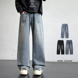 FOESCE Autumn Jeans Men'S Retro Loose Curved Pants Fashion Mid Waist Pants Black Jeans Casual Straight Leg Pants Wide Leg FleecePants