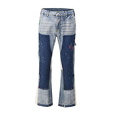 FOESCE European and American high street men's washed jeans retro personalized straight-leg splicing flared pants trendy denim trousers