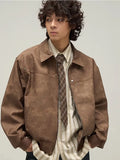 Retro Leather Jacket Men's Spring Autumn New Casual Oversize Loose Fashion Simple Versatile Solid Lapel Zipper Pocket Coat
