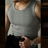 FOESCE Casual Solid Knitted Tank Top Men Summer Fashion Ribbed Vest Mens Slim Fit Crew Neck Sleeveless Tops Man Clothes 2025 Streetwear