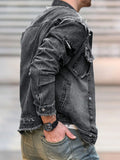 FOESCE 1Pc Men's Four Seasons Destroyed Stone Washed Light Jacket Daily American Street Casual Denim Jacket (No Hood/No Accessories)