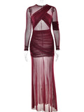 FOESCE Articat Elegant Mesh Patchwork Long Sleeve Bodycon Party Club Evening Dress Sexy Double Layer Perspective Vestido Autum Clothing