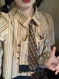 FOESCE Autumn Women Chic Vintage Crop Top Striped Shirts Long Sleeve Asymmetric Design 2000s Aesthetic Blouses Y2k Streetwear Gyaru New