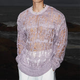 FOESCE Sexy Hollow Out Mesh Knit T Shirts Men See Through Ripped Crew Neck Pullover Tops For Mens 2025 Spring Fashion Knitting T-shirt
