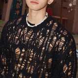 FOESCE Sexy Hollow Out Mesh Knit T Shirts Men See Through Ripped Crew Neck Pullover Tops For Mens 2025 Spring Fashion Knitting T-shirt