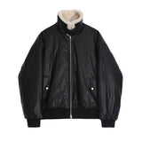 FOESCE Lambswool Pu Leather Short Cotton Coat Mens Winter Fashion Lapel Warm Cotton Coat Korean Style Trendy High-End Leather Jacket
