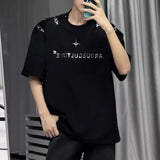FOESCE Mens Summer Short Sleeve T-shirt Metal Buckle Design Streetwear Korean Trendy Casual Loose Top Tees Personality Letter Pullover