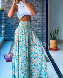 FOESCE Women's Casual Paisley Print Shirred High Waist Wide Leg Pants Beach Style New Fashion Female Daily Vacation Long Pants