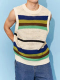 FOESCE Spring New Hollow Stripe Knitwear Sweater Vest 2025 Contrast Color O Neck Casual Tank Tops Korean Fashion Male Sleeveless Tees