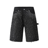 FOESCE Streetwear Full Rhinestone Print Baggy Jeans Shorts for Men Ripped Hole Washed Short Casual Loose Denim Five Point Pants