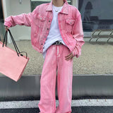 FOESCE American High Street Long-Sleeved Trousers Denim Suit For Men 2025 Autumn New Retro Distressed Solid Casual Loose Two-Piece Set