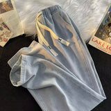 FOESCE Men's Denim Jeans High Street Sle Dstring Elastic Wide Leg Long Pants Loose Casual Straight Leg Trousers