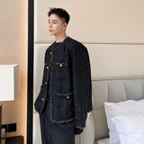 Winter Autumn Menswear Chic Weave Tweed Coat Cardigan Jacket Men's New Loose Round Neck Single Breasted Thick Jacket 2D1134