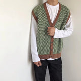 Trendy Men's Loose-Fit Single-Breasted V-Neck Cardigan Sweater Autumn Knitted Top Streetwear Sleeveless Pullover
