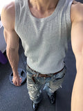 FOESCE ay Heavyweight Svel Vest Men's Summer American Sle Slim Fit Sport T-irt Waist Cinching Fitn Muscle Tees Sweats...