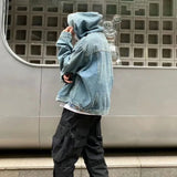 FOESCE Mens Autumn Winter Fashion Denim Washed Distressed Retro Hoodie Genderless Street Fashion Casual Loose Denim Sweatshirt Unisex