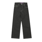 Foesce Streetwear Washed Vintage Black Letter Logo Baggy Jeans Pants for Men and Women Straight Solid Loose Casual Denim Trousers
