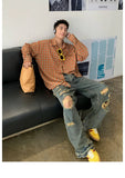 FOESCE American vibe style pants, high street trendy brand, yellow mud dyed washed distressed jeans, men's retro street wide leg long p