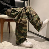 Foesce Straight Men Wide Leg Pants Camouflage Jogging Trousers Drawstring Elastic Waist Wide Male Casual Pants Vintage Cargo Pants