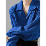 FOESCE Solid Notched Neck Texture Shirt Sunscreen Blue White Spring Summer Long Sleeve Pocket Mens Blouse'