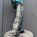 FOESCE Men Multi-pockets Pants Gradient Ribbons Drawstring Jeans Baggy Oversized Cargo Trousers Fashion Streetwear Loose