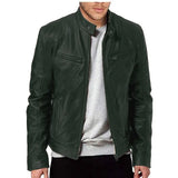 FOESCE Men's Faux Leather Jacket Autumn Fashion Solid Color Zipper Motorcycle Jacket Men's Casual Long Sleeve Zipper Button Jacket