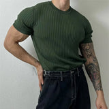 FOESCE Men Textured Stretch Training Knitted Short-Sleeved T-Shirt 2025 New Daily Sports Fitness Slim Fit Versatile Comfort Top For Men