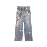 FOESCE New 3D Chain Printed Baggy Jeans For Men And Women Casual Baggy Straight Denim Pants High Street Wide-leg Y2K Blue Jean