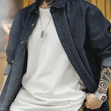 FOESCE Maden Retro Loose Long-sleeved Denim Shirt Checkered Lapel Single-breasted Jacket for Men Spring and Fall Versatile Outerwear