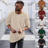 FOESCE Fashion Mens Tops Long Sleeved Round Necked Sweaters Autumn and Winter Solid Color Casual Mens Sweaters