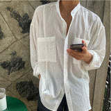 FOESCE Beach Long Sleeve Linen Shirt, Men's Solid Color Loose, South Korea Popular Leisure Linen Shirt, Travel & Outdoor Wear