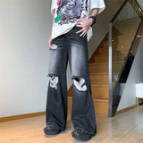 American style trendy hip-hop men and women retro washed ripped jeans loose and personalized straight leg wide leg casual pants