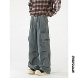 FOESCE Loose straight Jeans Men Denim Cargo Pants Wash Solid Color Multi Pockets Casual Mid Waist Trousers Unisex Daily Wear Joggers