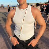Irregular Button Down Solid Color Tank Tops Men Casual Sexy Tight O Neck Sleeveless Cardigan Tees Vintage S-5XL Summer