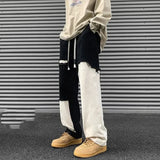 FOESCE Spring Autumn New Contrast Color Elastic Waist Fashion Straight Pants Man High Street Loose Cotton Pocket Drawstring Trousers